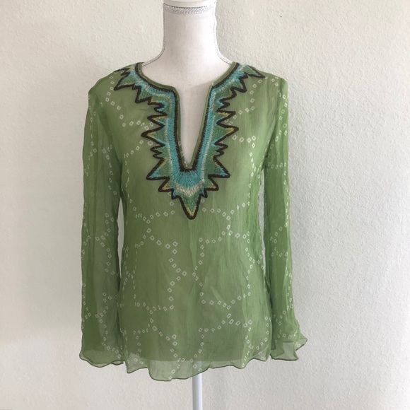 BCBGMaxAzria Tops - BCBGMAXAZRIA Boho V- Neck Green Long Sleeve Top S